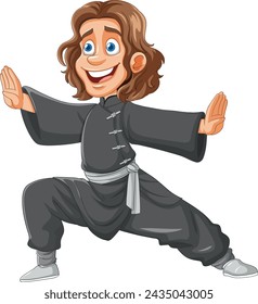 Cheerful character practicing martial arts stance