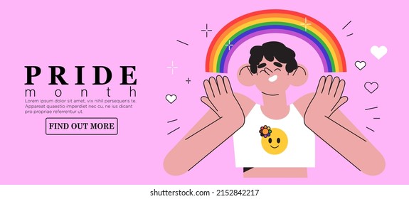 Cheerful character with rainbow celebrate pride month or day vector flat illustration. LGBTQ or transgender support on social media banner or post template, greeting card on pink background. 