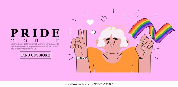 Personaje alegre con bandera arcoiris lgbtq celebra el mes del orgullo o el día vectorial ilustración plana. Apoyo de LGBTQ banner en medios sociales o posteo plantilla, tarjeta de saludo o invitación con fondo rosado. 