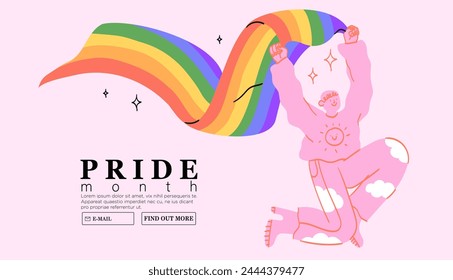 Personaje alegre con la bandera lgbtq del arco iris celebra el mes del orgullo o la ilustración plana del Vector del día. Festival de Asistencia LGBTQ o evento Anuncio de medios sociales o post Plantilla, tarjeta de felicitación sobre fondo rosa