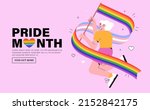 Cheerful character with rainbow lgbtq and transgender flag celebrate pride month or day vector flat illustration. LGBTQ support social media banner or post template, greeting card on pink background. 