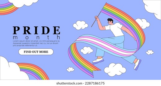 Cheerful character with rainbow lgbtq and transgender flag celebrate pride month or day vector flat illustration. LGBTQ support social media banner or post template, greeting card on blue background. 