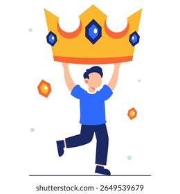Um personagem alegre levanta uma coroa vibrante no ar, expressando triunfo, diversão e um senso de realização.