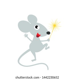 The cheerful character of the rat with Bengal fire is a symbol of the new 2020. The funny character of the white rat on the Chinese calendar! Vector illustration isolated on white background.
