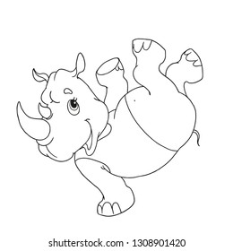 Cheerful character rhino. Rhino dancing. Cartoon character for coloring book. Character for children's creativity. Vector isolated.