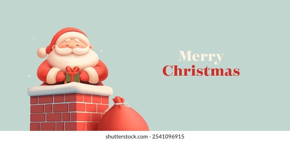 Cheerful character of Santa Claus in the chimney with a gift, 3D. Before the Christmas scene, Santa brings presents into the house through the chimney on the roof. Vector illustration.