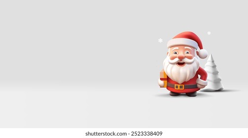 Caráter alegre de Papai Noel sorrindo, 3D. Um presente, uma árvore de Natal. Banner leve para conceitos publicitários, celebrações, saudações, publicidade e vendas. Ilustração vetorial.
