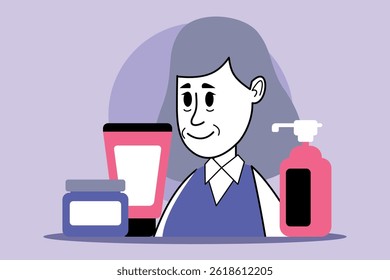 Cheerful character surrounded by various beauty products. Woman smiling positioned against simple background