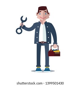 Cheerful Character. Vector Isolated Graphic Design Illustration Art. Male adult or young person do something. Man, boy, led. Happy and friendly. Icon or Avatar. Comic, cartoon, flat style.