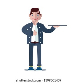 Cheerful Character. Vector Isolated Graphic Design Illustration Art. Male adult or young person do something. Man, boy, led. Happy and friendly. Icon or Avatar. Comic, cartoon, flat style.