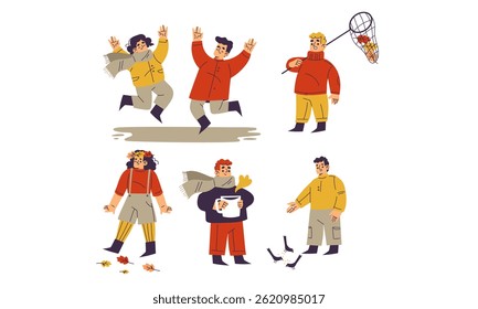 Personagens alegres comemoram alegremente e se envolvem em cenas divertidas e atividades divertidas