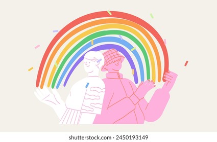 Cheerful characters with lgbt rainbow celebrate pride month or day vector flat illustration. LGBTQ or transgender support event or festival on social media banner or post template, greeting card.