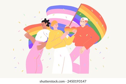 Cheerful characters with lgbt transgender rainbow flag celebrate pride month or day vector flat illustration. LGBTQ support event or festival on social media banner or post template, greeting card.