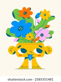 A cheerful, character-shaped flower pot with vibrant flowers and lush greenery. A small bird sits on the leaves, adding a whimsical touch. Perfect for decor, nature, and eco-friendly themes