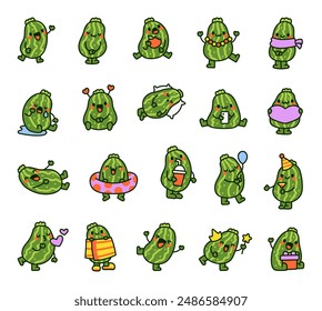 Cheerful charming zucchini. Fresh vegetable character. Hand drawn style. Vector drawing. Collection of design elements.