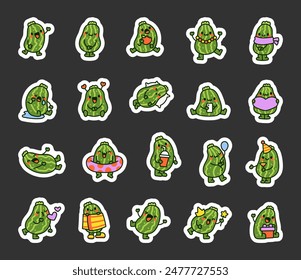 Cheerful charming zucchini. Sticker Bookmark. Fresh vegetable character. Hand drawn style. Vector drawing. Collection of design elements.