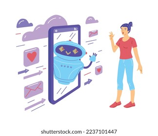 Cheerful chatbot communicating with woman from mobile phone, flat vector illustration isolated on white background. AI technologies in customer support. Cute robot character in mobile app.