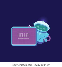 Bot de charla alegre con señal de saludo digital, ilustración vectorial plana aislada en el fondo oscuro. Personaje de dibujos animados para aplicación móvil. Robot de asistencia al cliente.