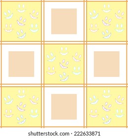 Cheerful checkered seamless pattern with laughing toothy smileys. Varicolored smiles