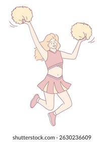A cheerful cheerleader leaps joyfully, proudly holding her colorful pom poms, embodying the spirit of her performance
