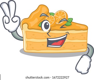 Cheerful cheesecake orange mascot design with two fingers