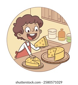 A cheerful cheesemaker illustrated in a cartoon-style.