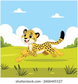 A cheerful cheetah running across a bright green grassy landscape vector illustration