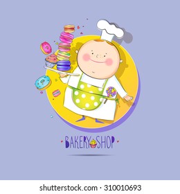 Cheerful chef carries a tray of biscuits.