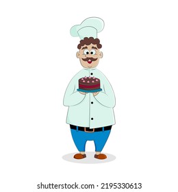 A cheerful chef carrying a cake in a tunic and cap. Isolated vector illustration in cartoon style.