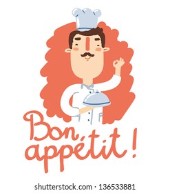 Cheerful chef with catering tray says bon appetit!