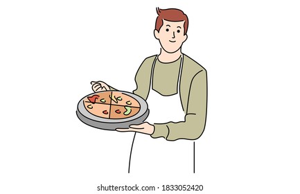 Cheerful Chef. Cook and Holding a Tray with Pizza