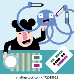 cheerful chef cook sushi master is playing with an octopus that eats sushi flat design vector illustration of sea fresh fish