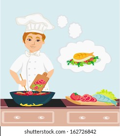 Cheerful chef cooks in the kitchen 