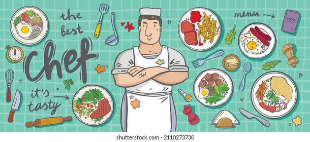 Cheerful chef. Different elements of professional kitchen and restaurant. Food in a bowl. great set for breakfast, lunch and dinner. Hand drawn.