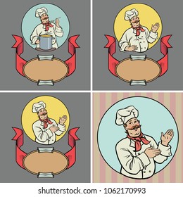 Cheerful chef and emblem. Set of four illustrations.
