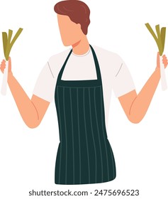 Cheerful chef green apron holding leeks, preparing meal kitchen. Male cook fresh vegetables culinary expertise, gastronomy professional attire. Cartoon man apron organic produce cooking concept