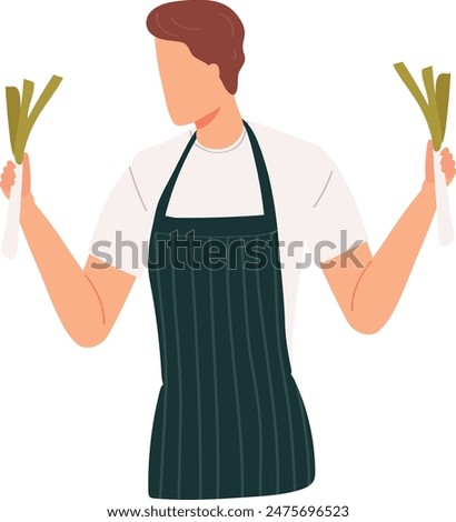 Cheerful chef green apron holding leeks, preparing meal kitchen. Male cook fresh vegetables culinary expertise, gastronomy professional attire. Cartoon man apron organic produce cooking concept