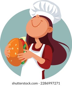 
Cheerful Chef Holding a Big Burger Vector Mascot Cartoon Design. Happy cook showing an oversized hamburger 
