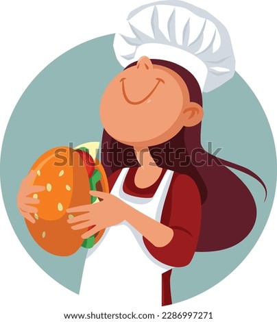 
Cheerful Chef Holding a Big Burger Vector Mascot Cartoon Design. Happy cook showing an oversized hamburger 
