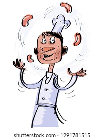 Cheerful chef juggles sausages