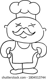 A cheerful chef with a mustache, a cap and an apron. Work as a cook.