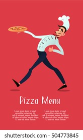 Cheerful Chef with pizza. Design Menu for pizzeria. Vector illustration . In the flat style