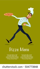 Cheerful Chef with pizza. Design Menu for pizzeria. Vector illustration . In the flat style