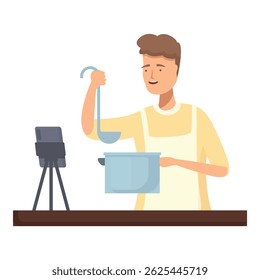 Cheerful chef records a culinary video, demonstrating a recipe in front of a camera