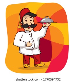 Cheerful chef. Turkish man with a large mustache. Keeps the dish covered. Hand drawn cartoon vector illustration.