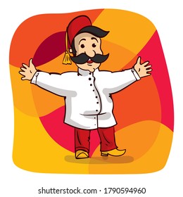Cheerful chef. Turkish man with a large mustache. Hand drawn cartoon vector illustration.