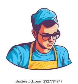 Chefkoch, der arbeitet, lächelt, mit Vorhang und Brille trägt, Symbol einzeln