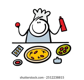 Cheerful chef works in a cafe or restaurant. Vector illustration of an Italian in the kitchen making pizza. Ready-made food and ingredients with dough, vegetables, tomatoes, sauce, sausage.