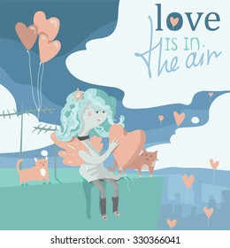 Cheerful cherub girl cupid throws plenty of balloons down from the roof. Cats helping her. Vector cute illustration in pastel colors.