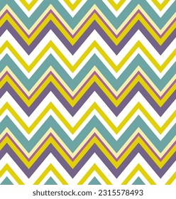 Cheerful chevron seamless pattern made of yellow, violet and teal zigzags. Trending surface design for printing on fabrics.